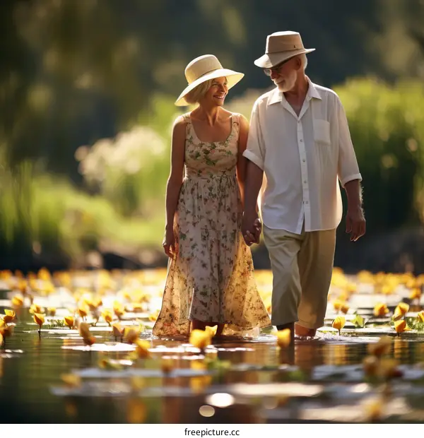 Happy senior couple walking through a pond holding hands