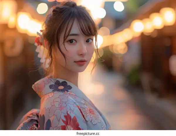 Asian Woman in Traditional Japanese Kimono at Night