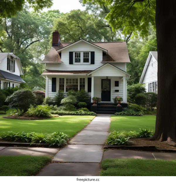 Charming White Cottage-Style Home with Black Trim and a Front Porch