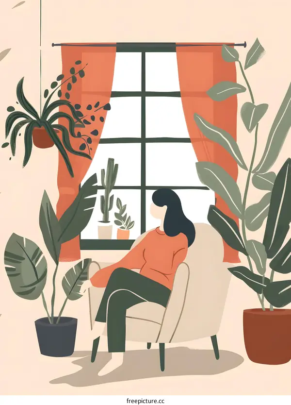 Woman Sitting in a Chair by Window with Plants