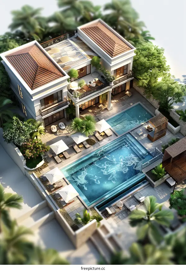 Luxury House 3D Rendering with Poolside Lounge