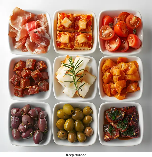 Nine bowls of tapas including ham, cheese, olives, and tomatoes