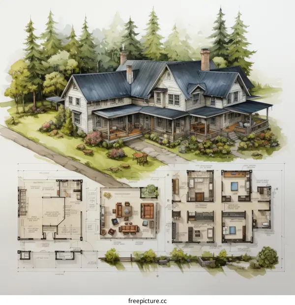 An illustration of a large white house with a grey roof and a porch