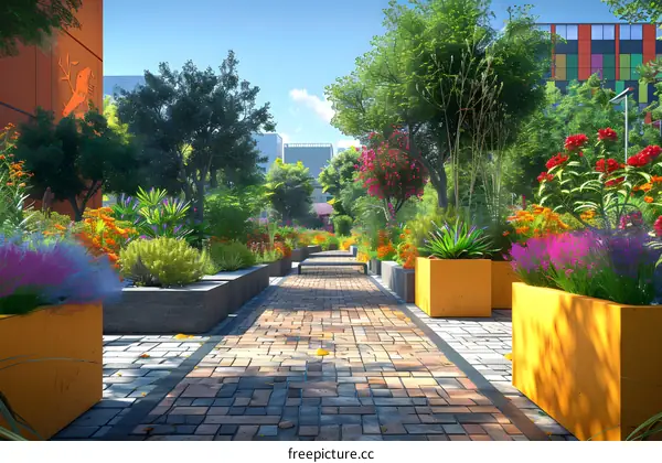 Colorful park with brick walkway and planters