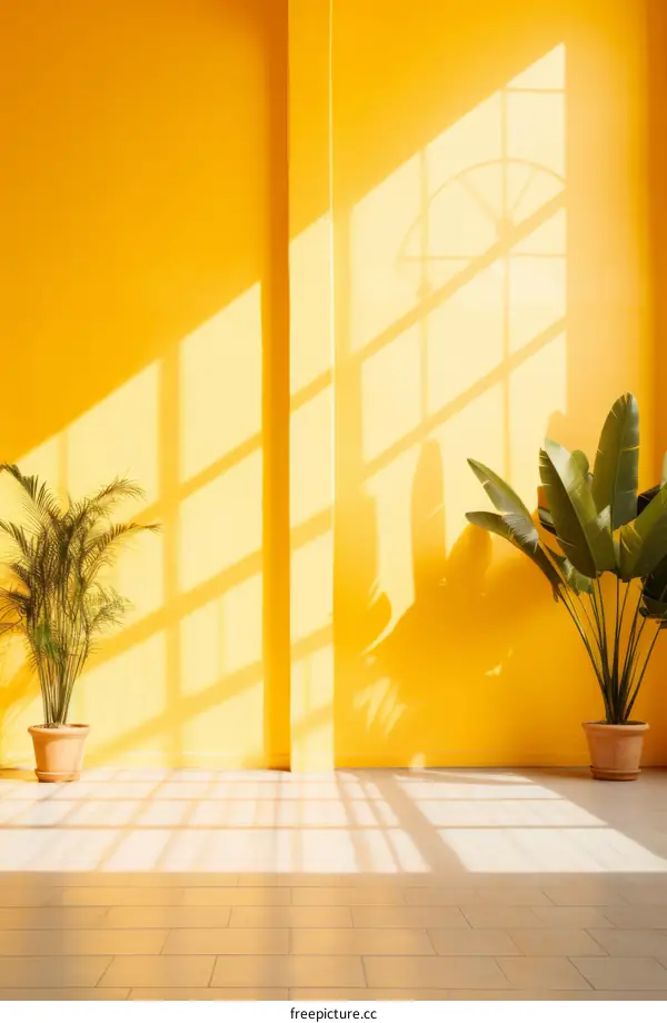 Sunlight Illuminating Yellow Interior with Potted Plants