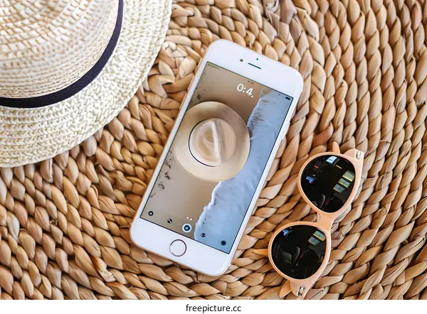 Summer Hat and Sunglasses with Phone on Woven Mat