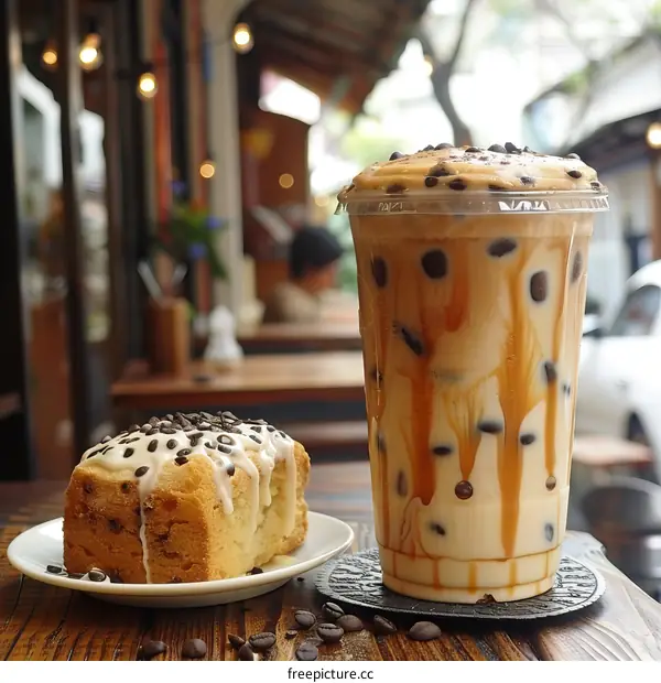 Iced coffee and cake on a table