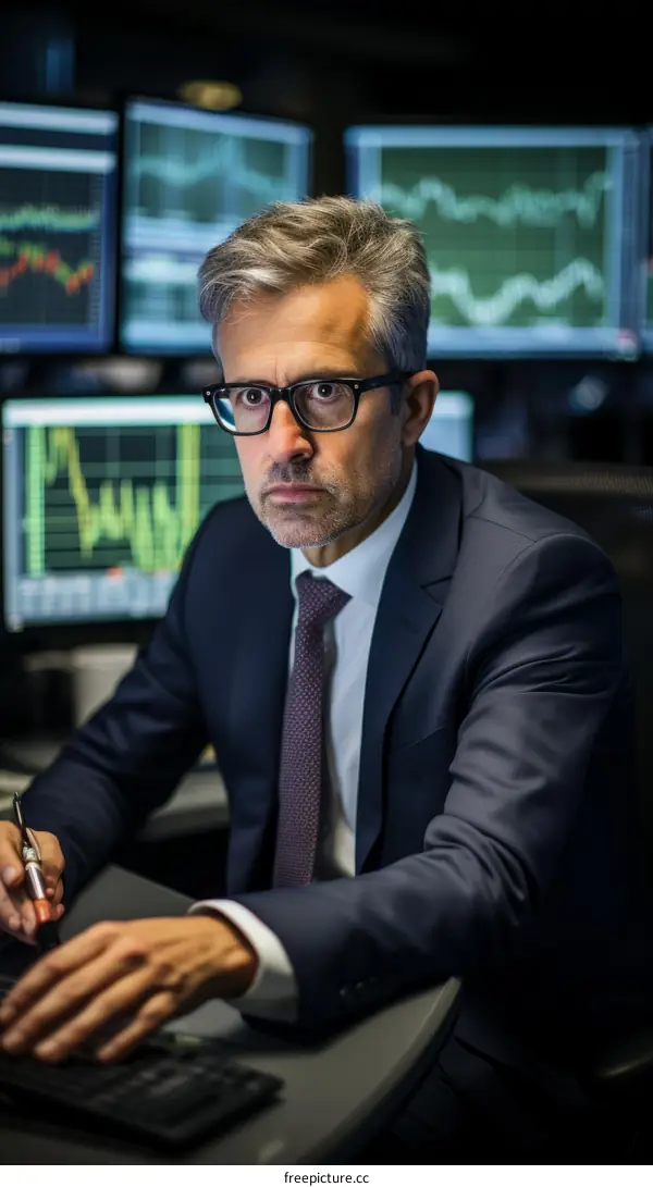 Portrait of a male stock trader working at his desk surrounded by multiple computer monitors displaying stock market data.