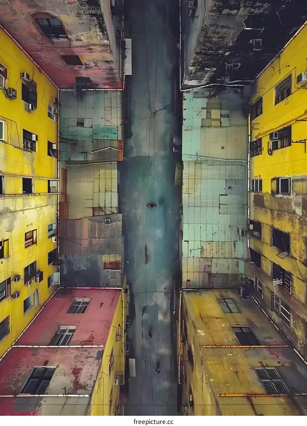 Aerial View of a Narrow Alleyway in a Densely Populated City