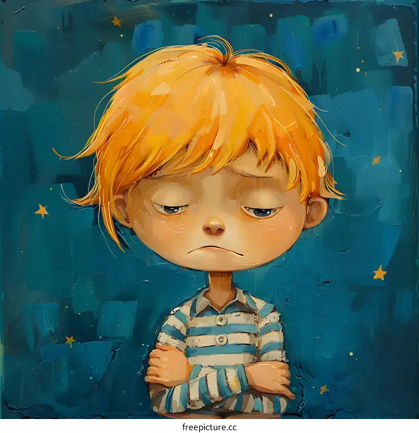Sad Boy with Blue Striped Shirt Looking Down at the Starry Sky