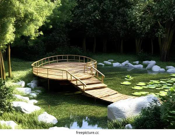 Wooden Bridge Over Pond in Lush Forest