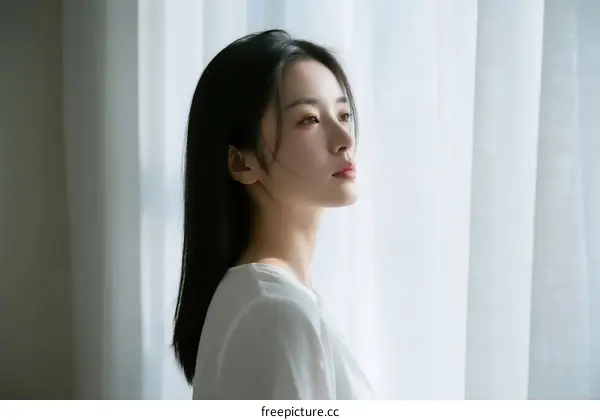 A young woman with long black hair standing by white curtains