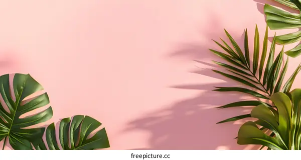 Tropical Leaves and Pink Background Minimalist Flat Lay
