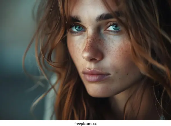 Portrait of a young woman with freckles and blue eyes