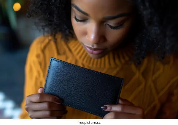 Woman Examining a Black Leather Wallet