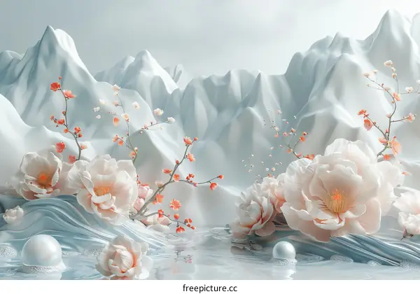 Abstract 3D Flower Art in Mountain Landscape