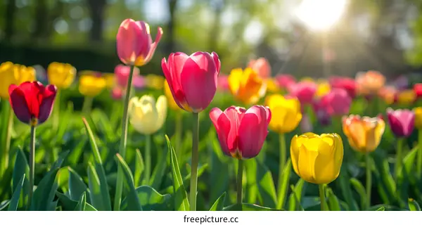 Colorful Tulips Blooming in a Field