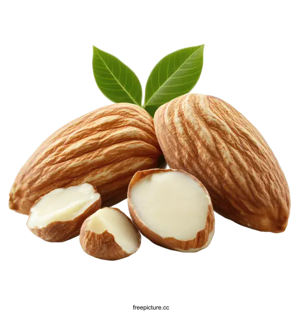 [Transparent Background PNG]Closeup of Whole and Halved Almonds with Leaves