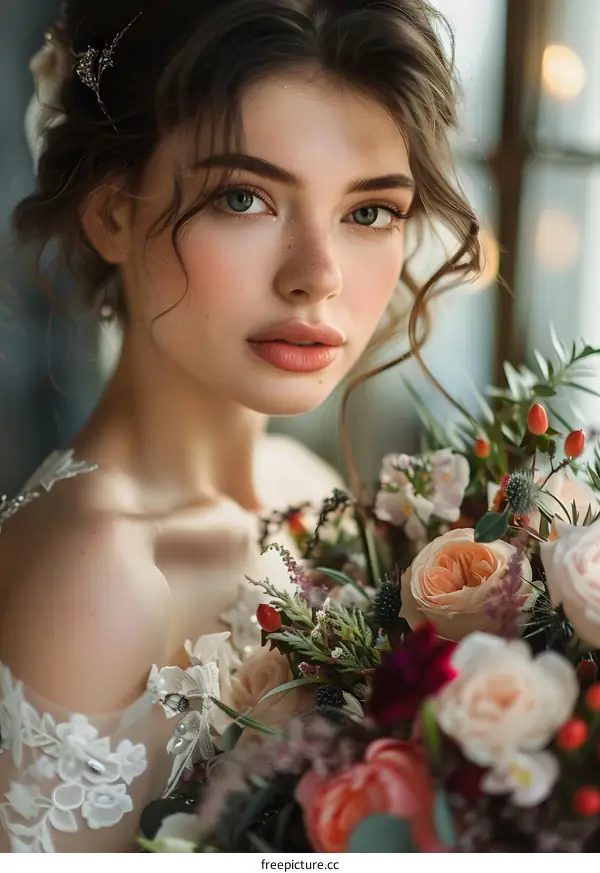 Portrait of a beautiful young bride with a bouquet of flowers