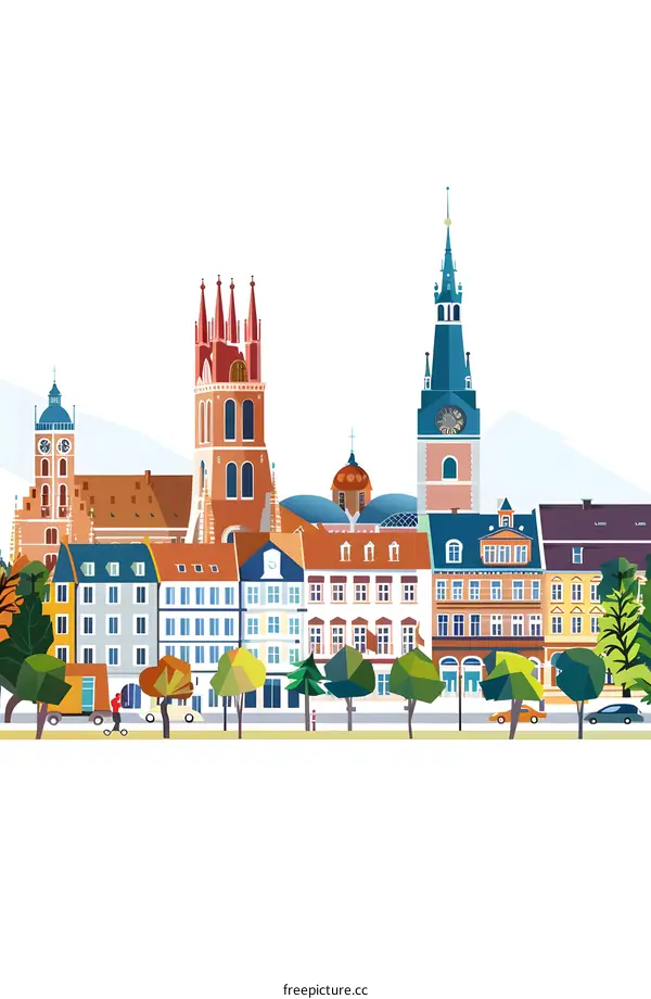 European Cityscape With Colorful Buildings And Green Trees