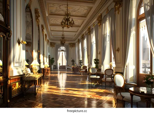 Luxury Interior Design of Grand Hall with Golden Accents and Sunlight