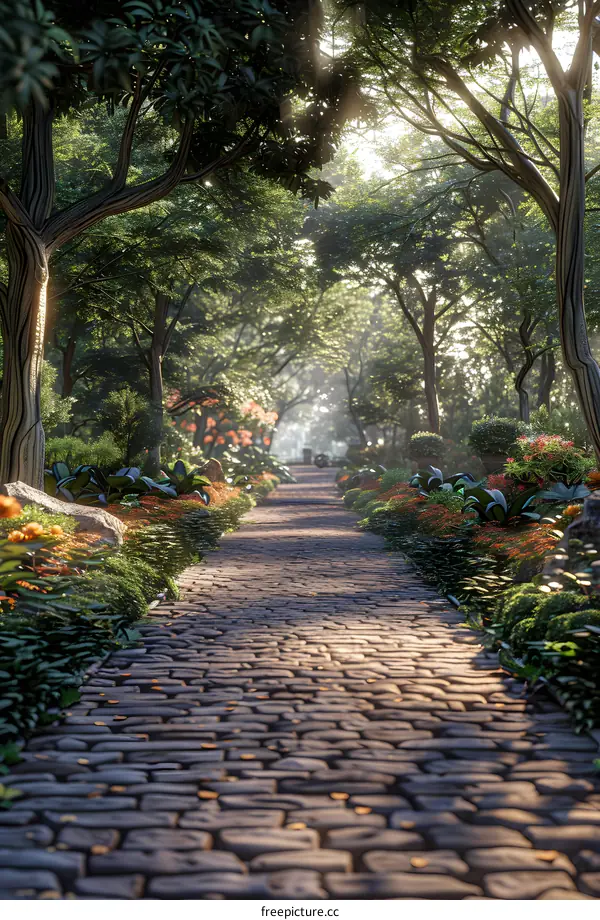 Stone path through a lush garden