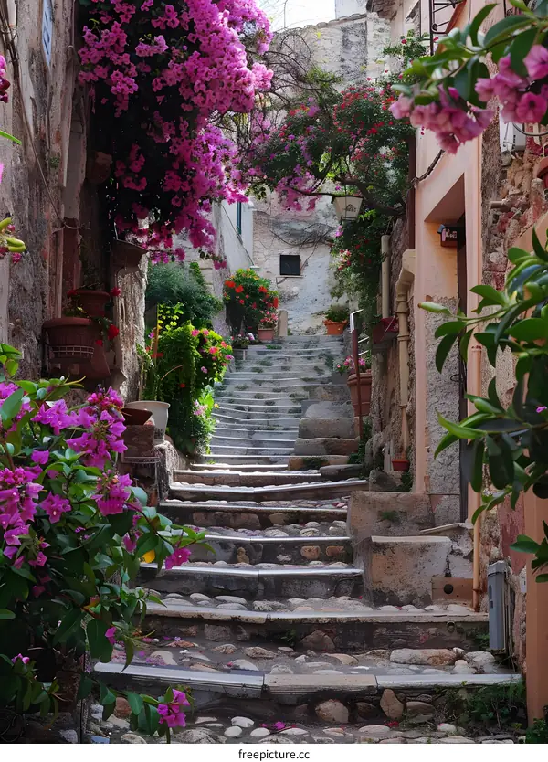 Charming cobbled street with flowers in Italy