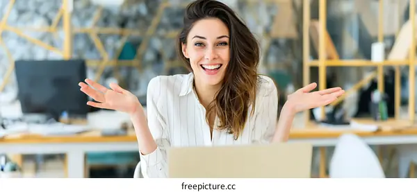 Woman in office with happy expression