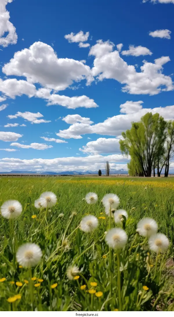 Field of dandelions under a blue sky with white clouds and distant mountains