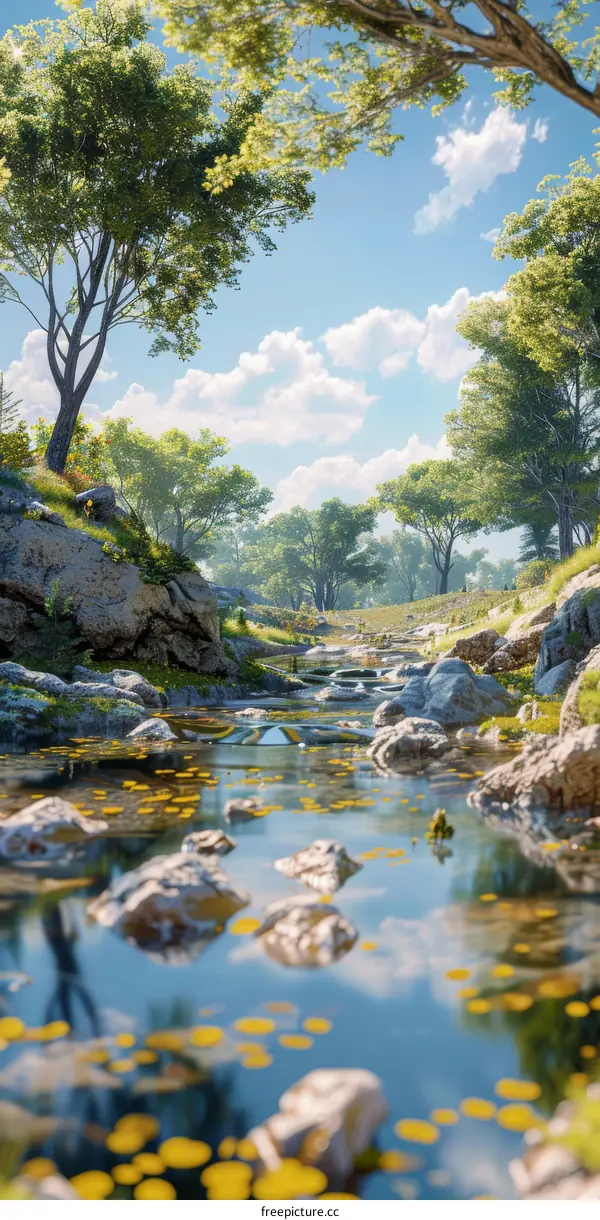 Tranquil Creek Flowing in a Serene Sunlit Forest