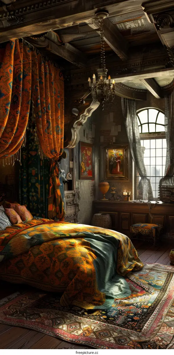 Antique Bedroom with Rich Textiles and Wooden Beams