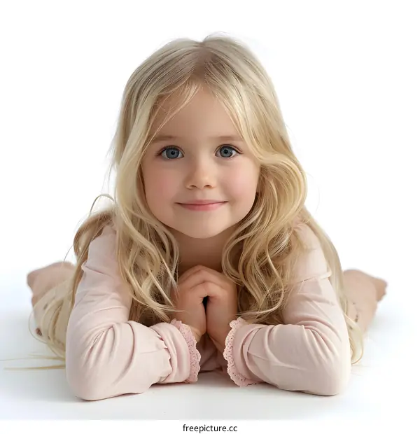Portrait of cute smiling little blonde girl in pink clothes
