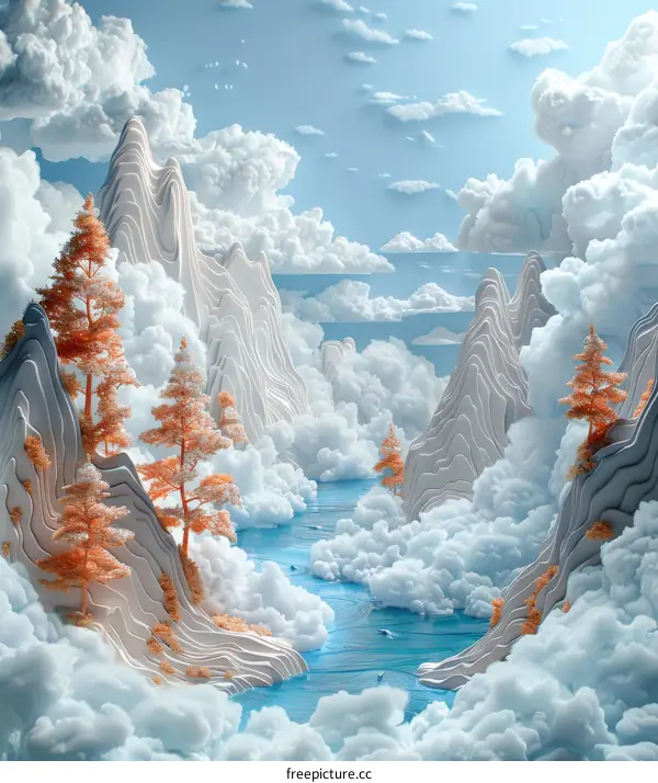 Abstract Fantasy Mountain Landscape in Clouds
