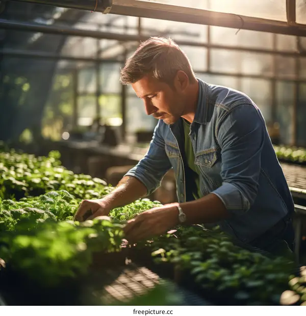 Male farmer checking the quality of young plants in a greenhouse