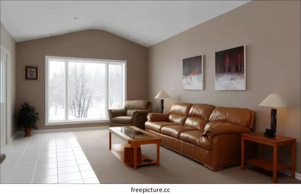 Cozy Living Room with Large Window and Artwork