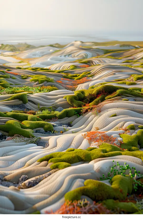 Abstract Landscape With Green Moss And Wavy Lines