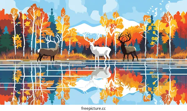 Autumn Forest with Three Deers by Lake