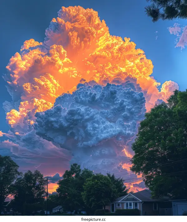 Large orange and blue clouds over a small town