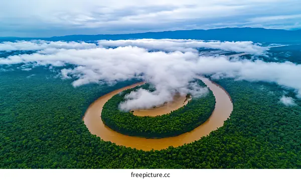 Spiral River Winding Through Lush Rainforest