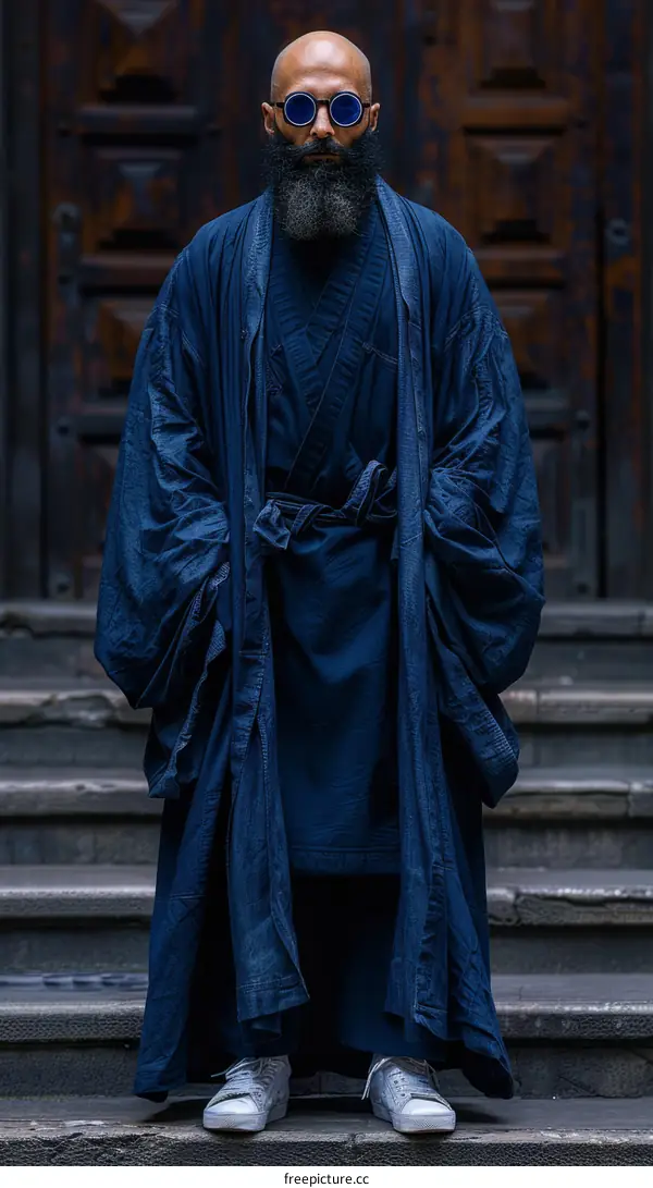 A Japanese man wearing a kimono and sunglasses is standing on the stairs.