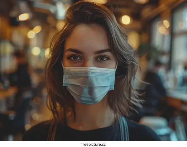 A young woman wearing a mask in a restaurant