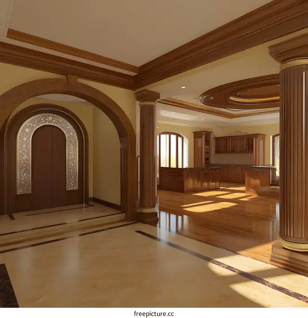 Elegant Interior Design with Wooden Columns and Arches
