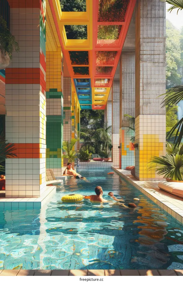 Three people swimming in a colorful and tropical indoor pool