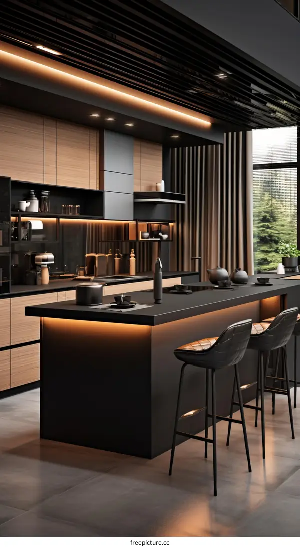 Modern Black Kitchen with Large Island and Leather Bar Stools