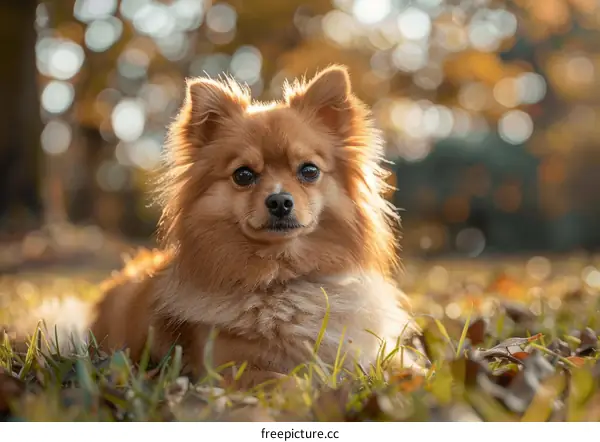 Brown Pomeranian Lying in the Autumn Grass