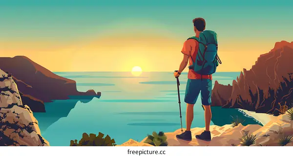 Man with Backpack on Mountain at Sunset
