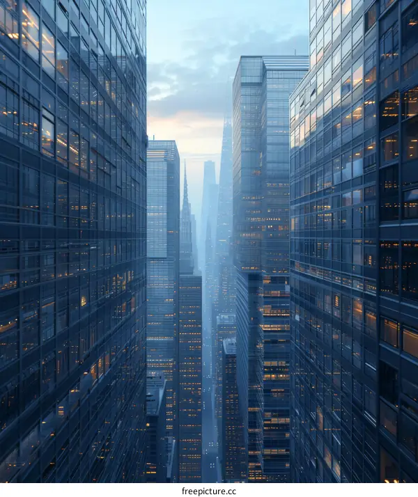 Modern Cityscape with Glass Buildings and Evening Lights