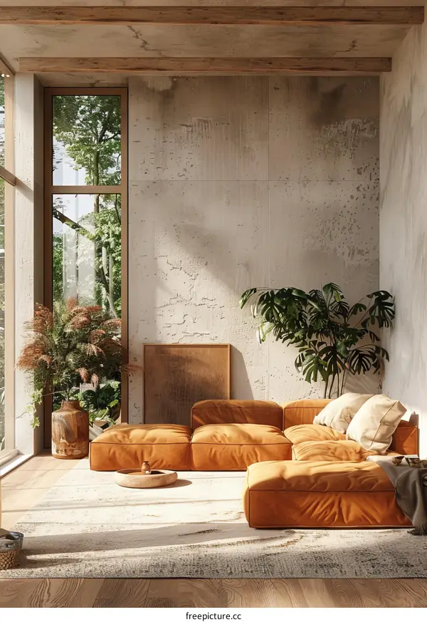 Modern living room interior with concrete wall