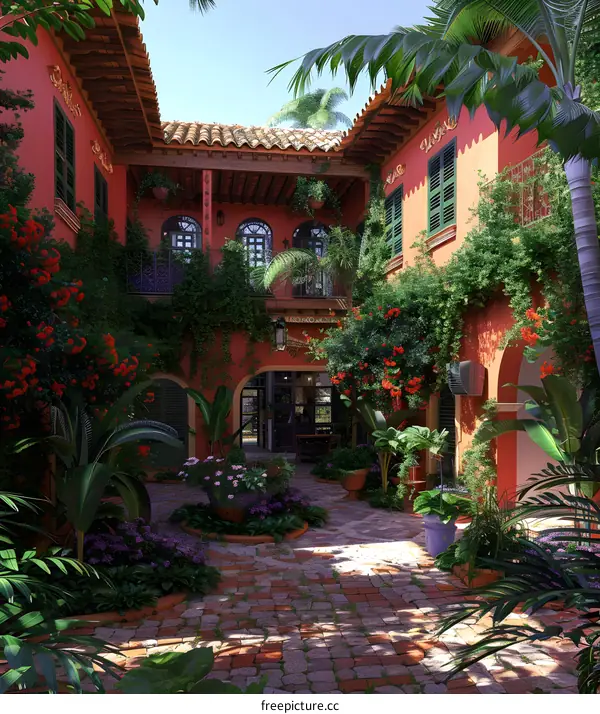 Tropical Courtyard with Lush Greenery