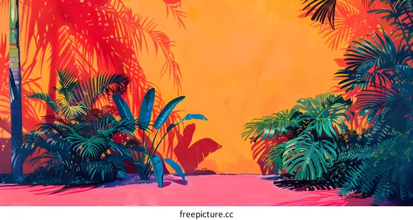 Tropical Leaves and Palm Tree Shadow on Orange Wall
